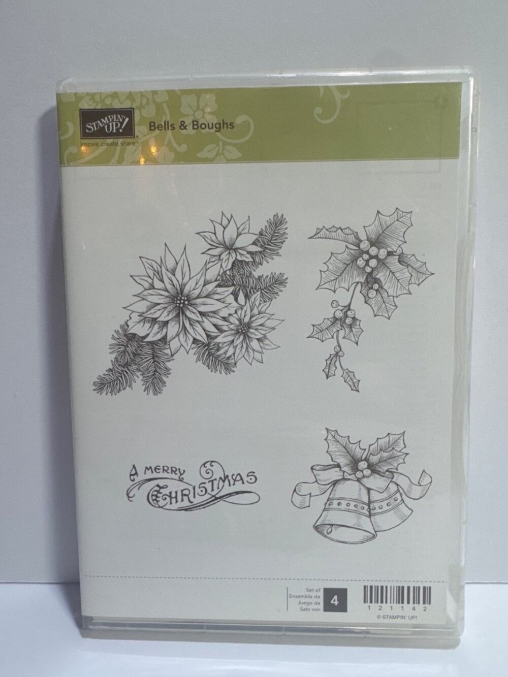 Stampin Up Bells & Boughs Christmas Rubber Stamp 4 Piece Set Floral & Holiday
